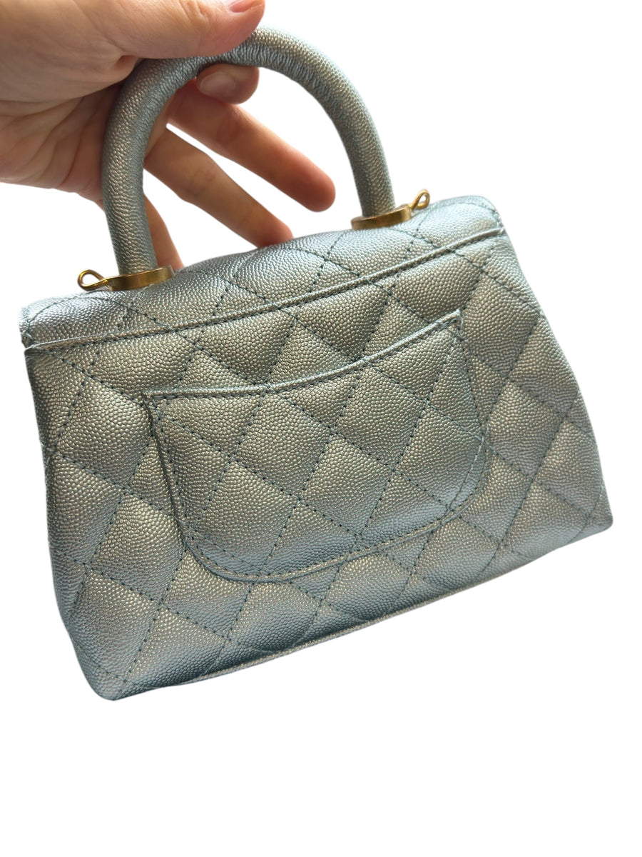 Chanel Coco Handle Extra Mini Quilted Iridescent Blue Caviar Gold tone LeidiDonna Luxe Inc