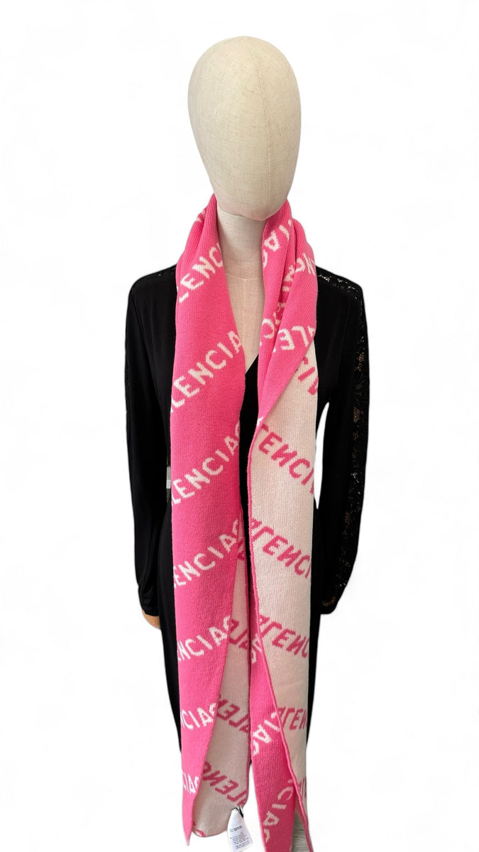 Balenciaga All-over Logo Pink and Off-White Wool Scarf
