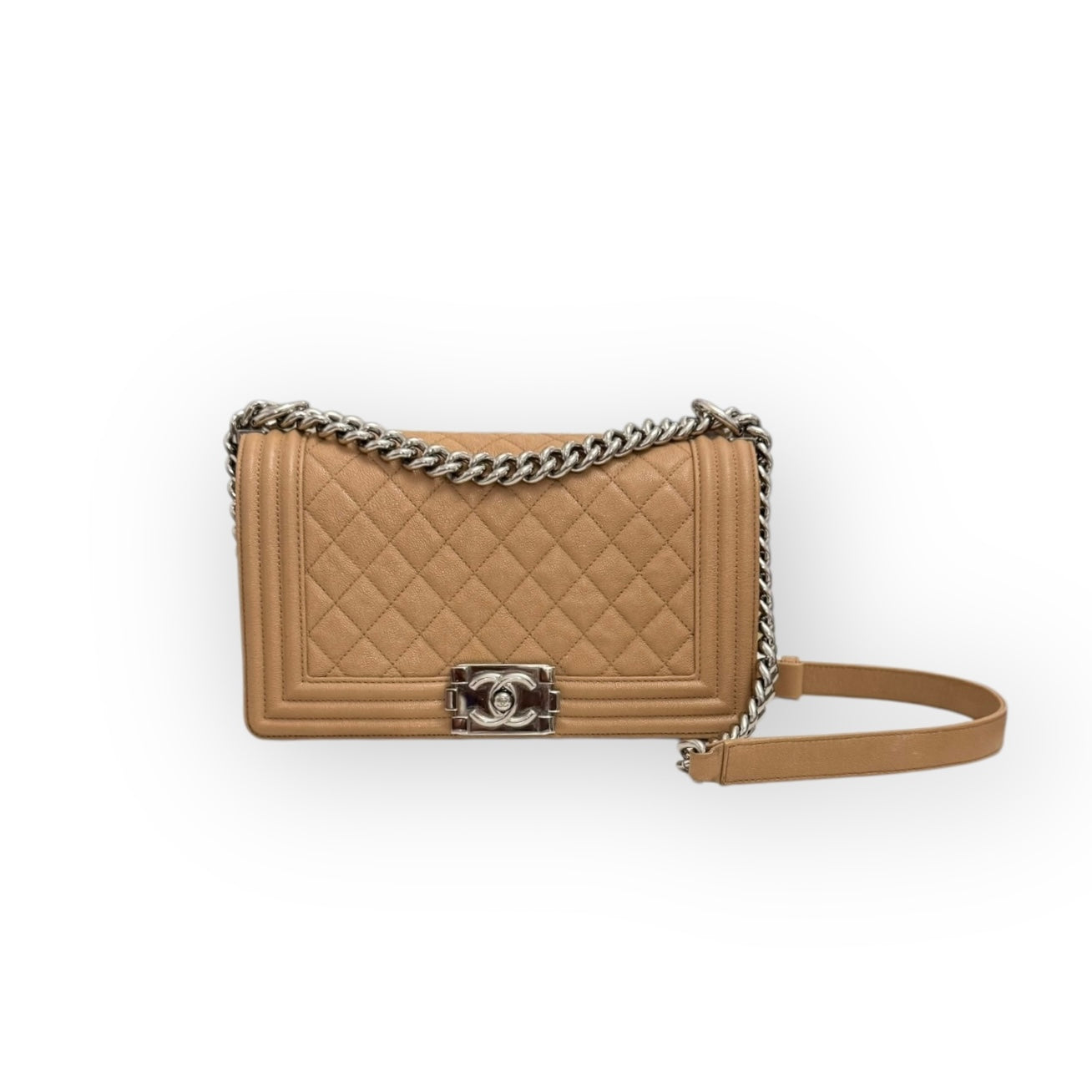 Chanel Leboy Old Medium Dark Beige Diamond Quilted Caviar Leather/Grained Calfskin, Shiny Silver-tone Hardware