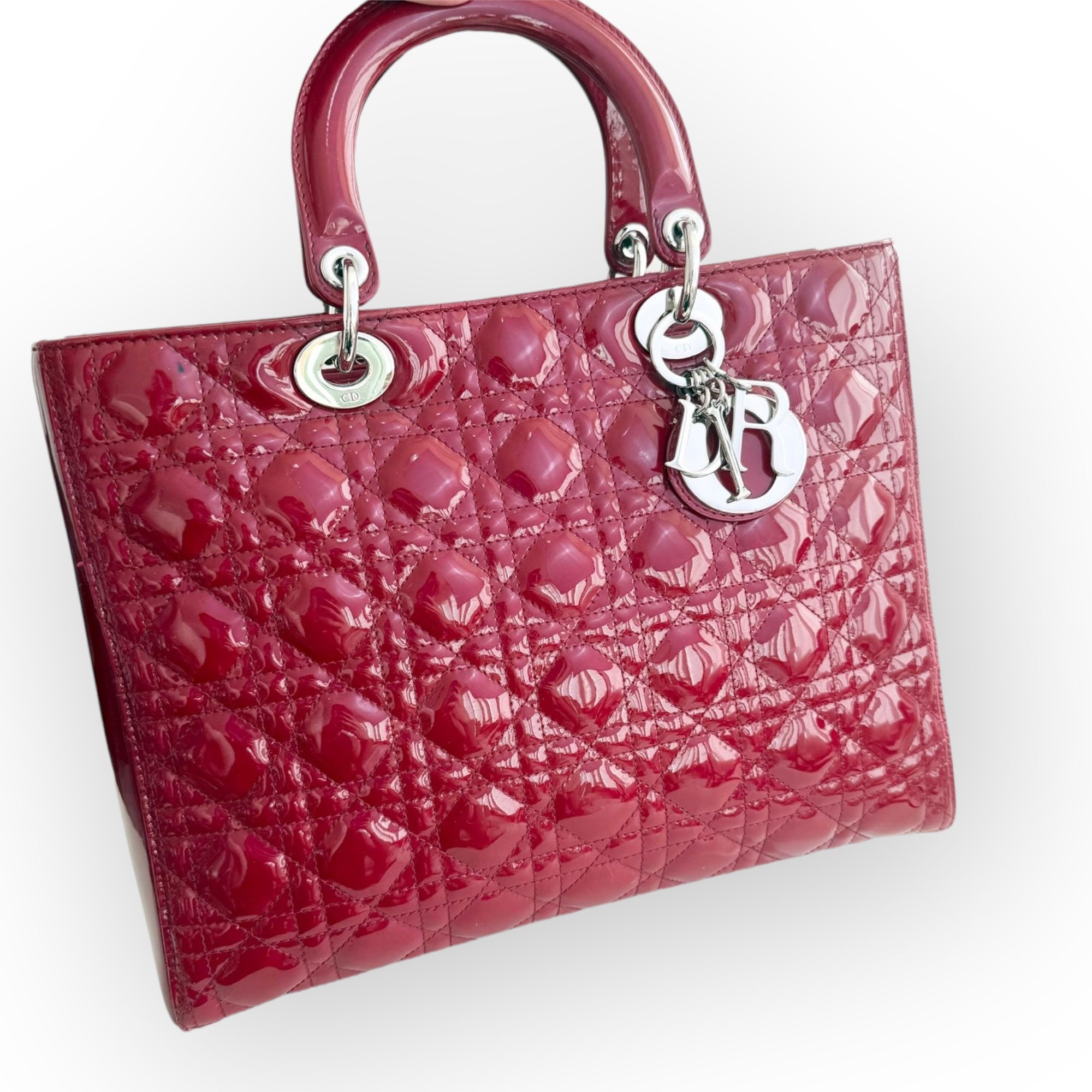 Christian Dior Lady Dior Large, Cherry Red Patent Leather, Silver Hardware