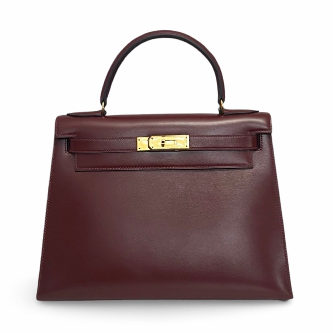 Hermes Vintage Kelly 28 Vintage Bordeaux Box Leather 24kt Gold-Plated Hardware