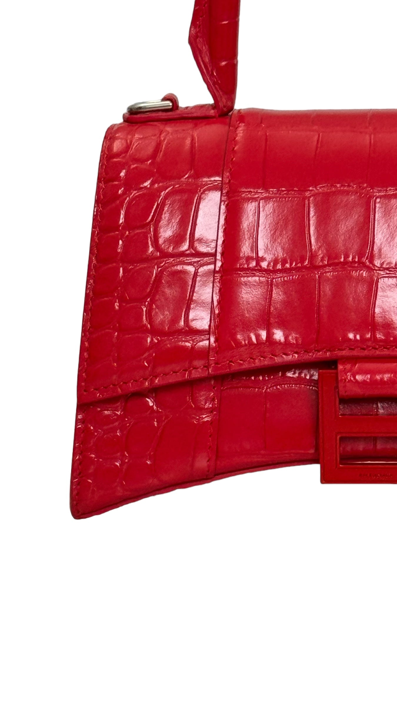 Balenciaga Hourglass XS Handbag,  Lipstick Red Croc-Embossed Calfskin, Red Enamel-plated Hardware