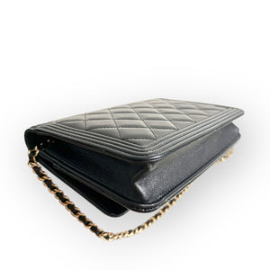 Chanel Classic Leboy Wallet on Chain, Black Diamond Quilted Patent Leather, Gold-tone Hardware