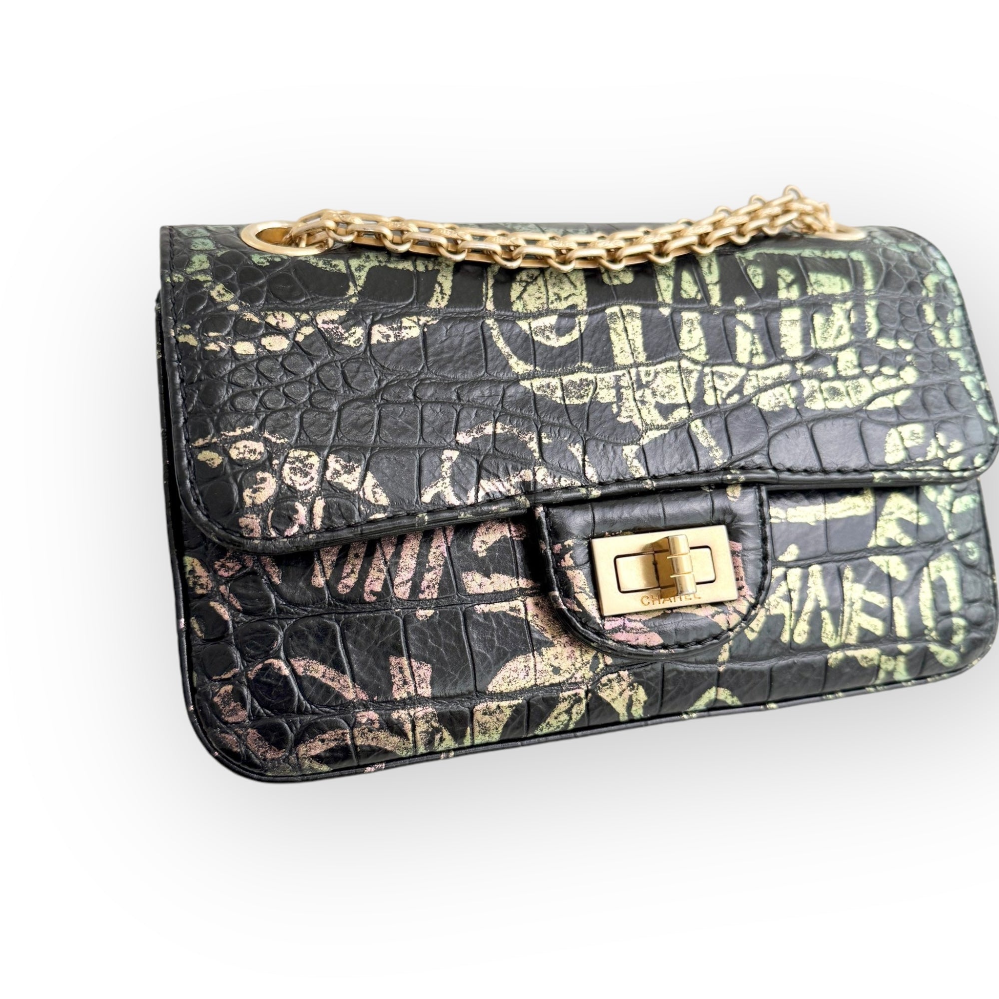 Chanel Classic 2.55 Reissue Mini Rectangle Single Flap, Metiers D’art Croc-Embossed Graffiti Calfskin, Gold-tone Hardware