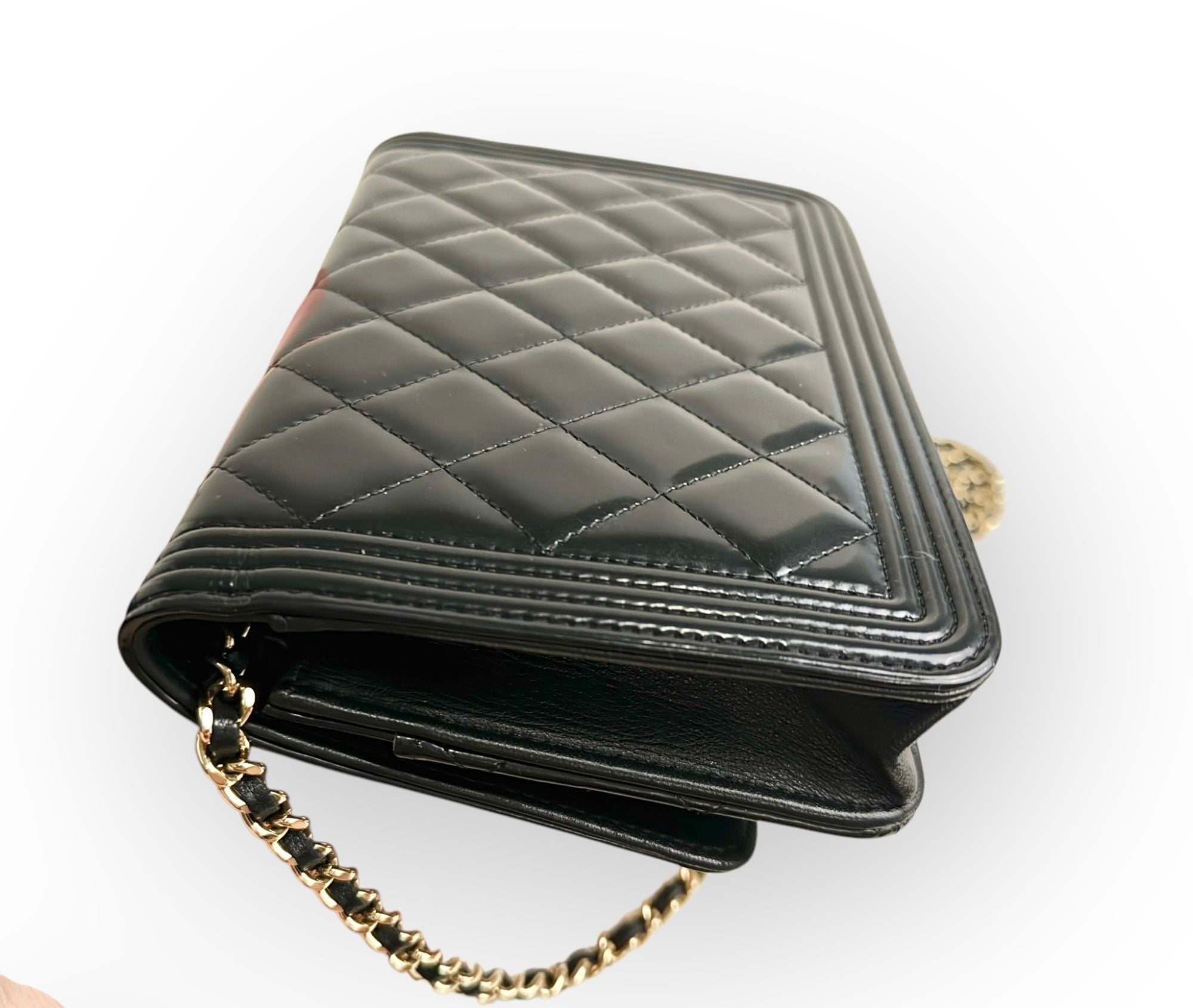 Chanel Classic Leboy Wallet on Chain, Black Diamond Quilted Patent Leather, Gold-tone Hardware