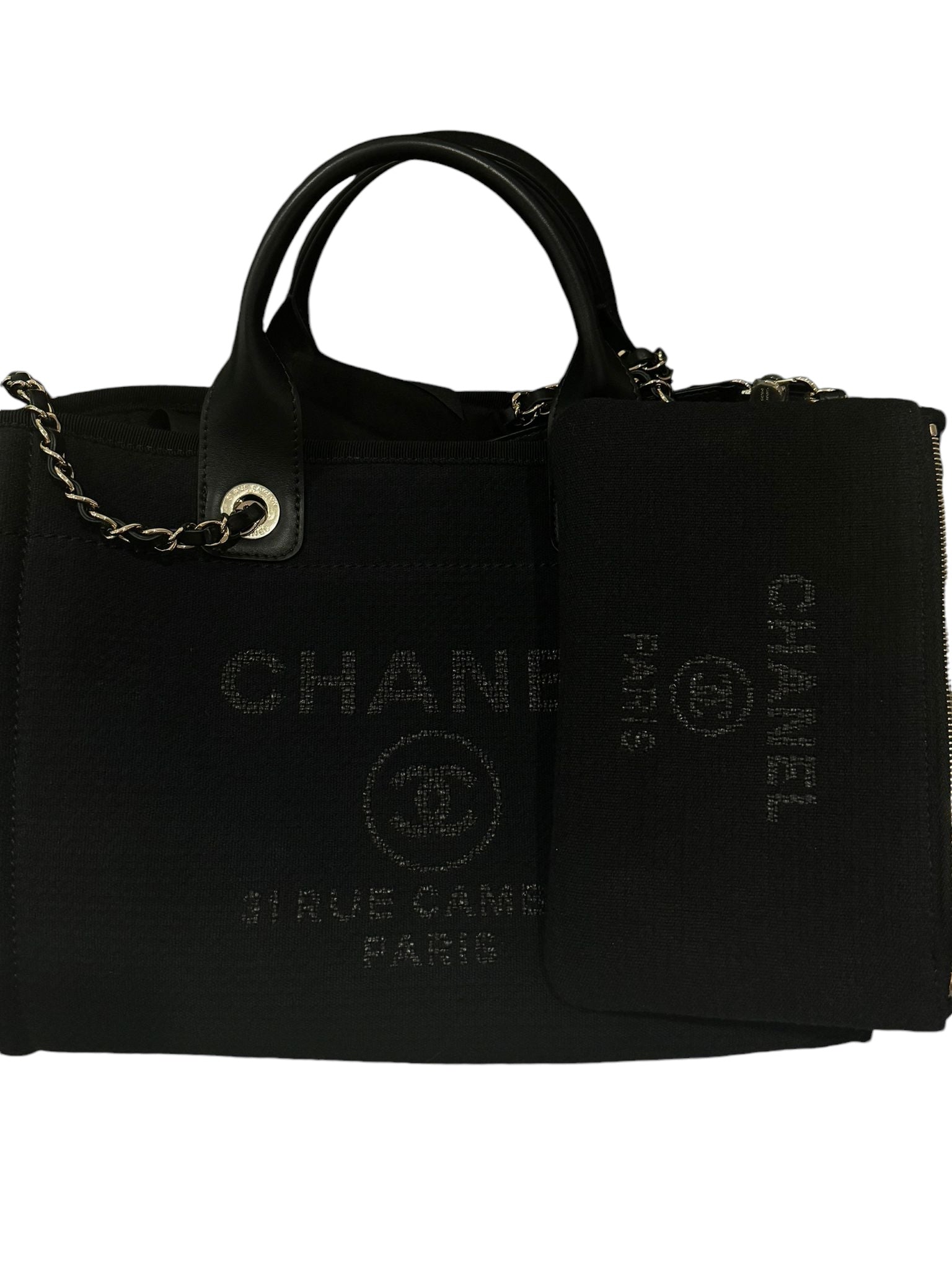 Chanel Deauville Shopping Tote Small, Black Mixed Fibers, Calfskin & Gold-Tone Metal