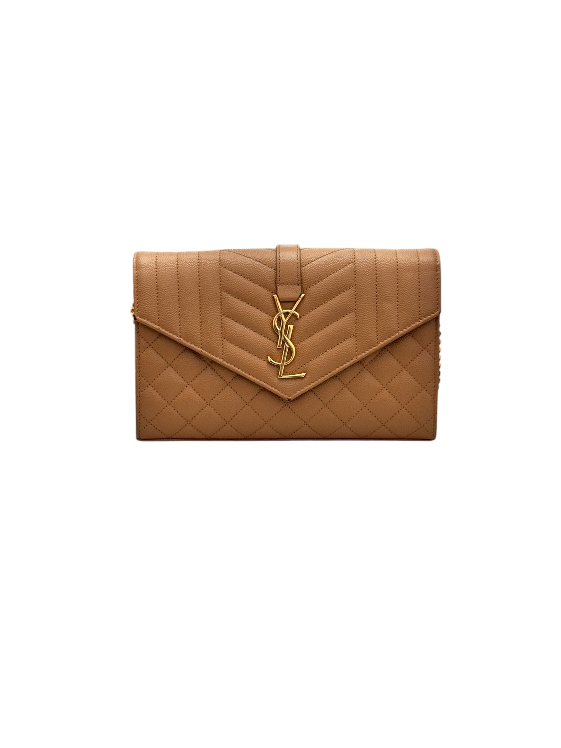 Saint Laurent Envelope Wallet on Chain WOC Triquilt Matelasse Dark Cork/Beige Gold-tone Hardware