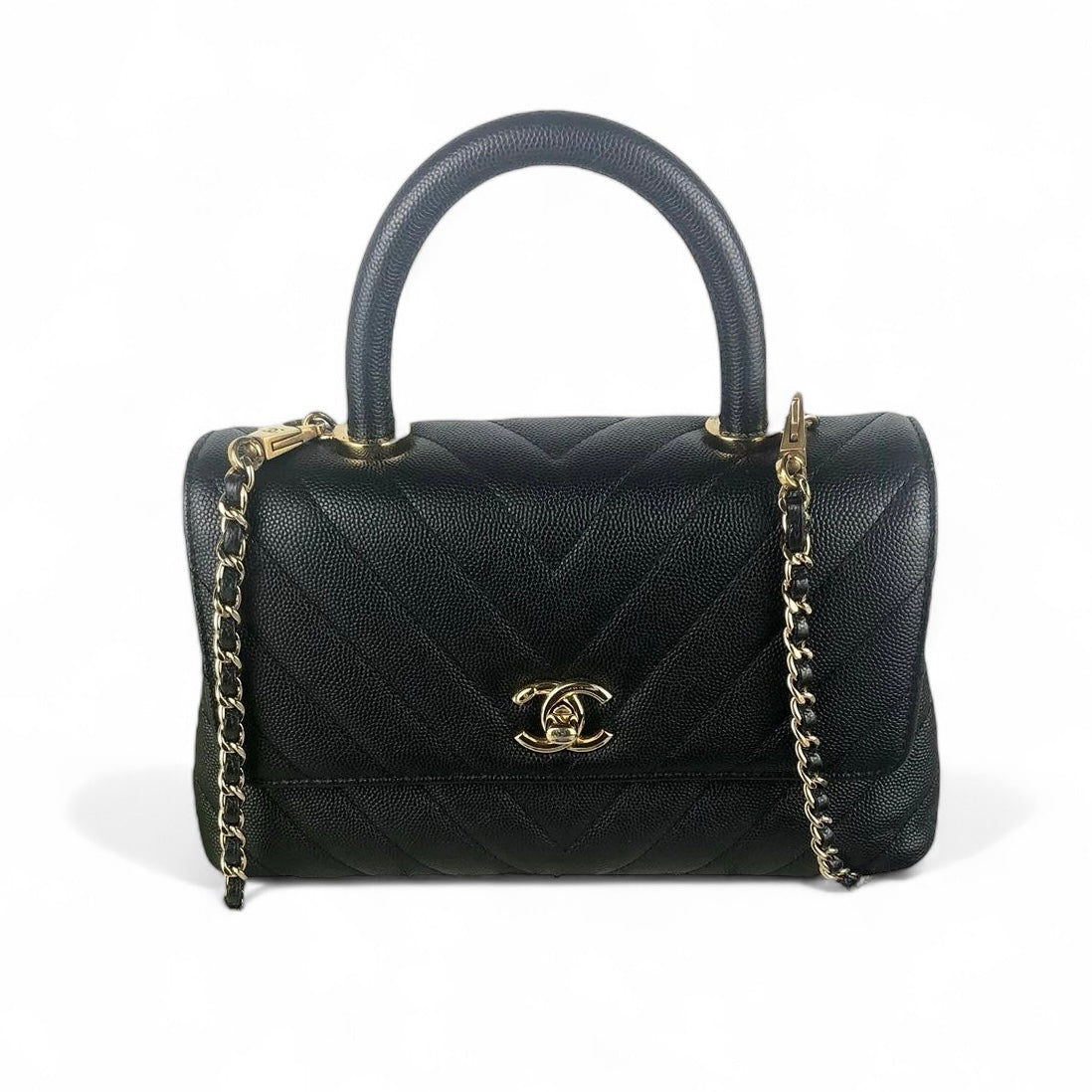 Chanel Coco Handle Small Chevron Quilted Black Caviar, Gold-Tone Hardware