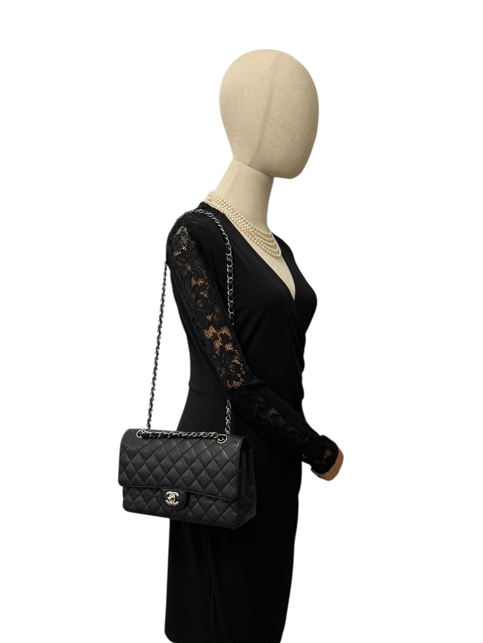 Chanel Timeless Classic Medium M/L Black Caviar Silver-tone Hardware