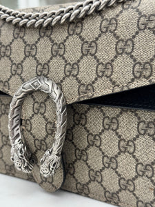 Gucci Dionysus Small, Beige GG Supreme, Black Suede, Crystal and Silver-tone Tiger Head Closure and Hardware