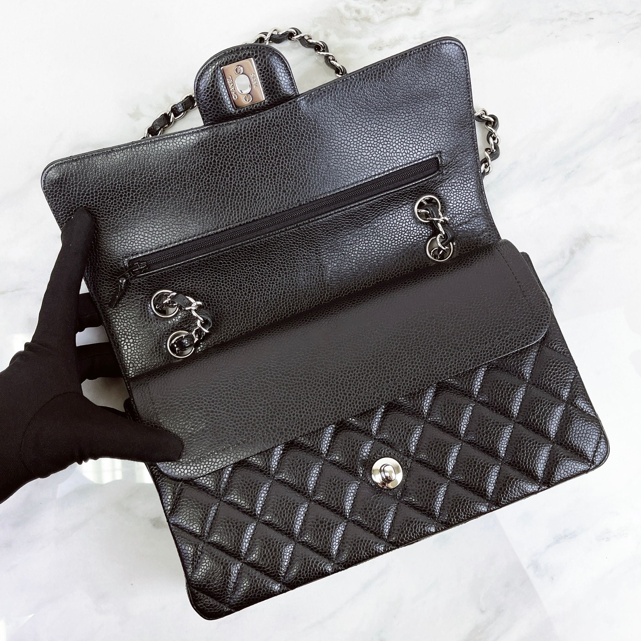 Chanel Classic Medium Black Caviar Silver-tone Hardware