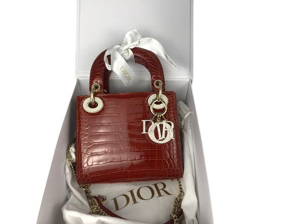 Christian Dior Lady Dior Mini Exotic Crocodile Leather Crystal and Gold Hardware