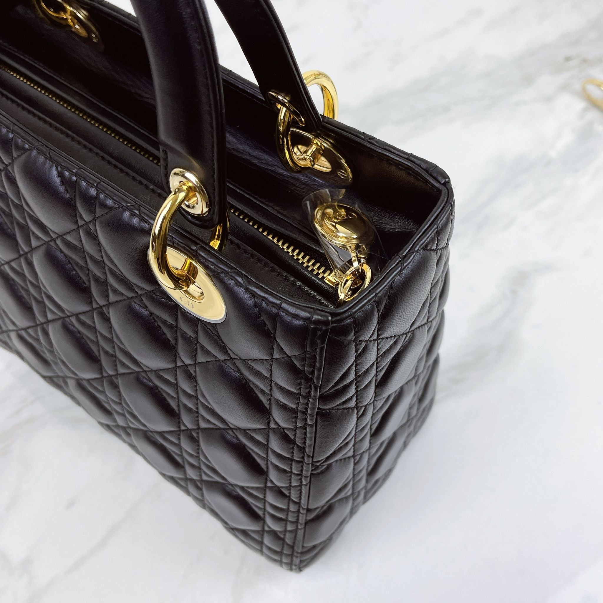 Christian Dior Lady Dior Medium, Black Lambskin Gold-tone Hardware