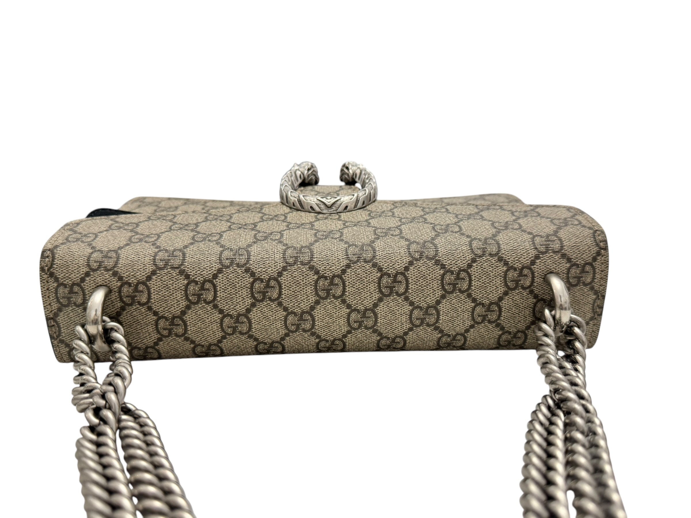 Gucci Dionysus Small, Beige GG Supreme, Black Suede, Crystal and Silver-tone Tiger Head Closure and Hardware