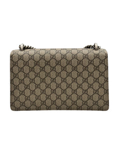 Gucci Dionysus Small, Beige GG Supreme, Black Suede, Crystal and Silver-tone Tiger Head Closure and Hardware