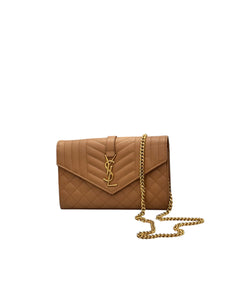 Saint Laurent Envelope Wallet on Chain WOC Triquilt Matelasse Dark Cork/Beige Gold-tone Hardware