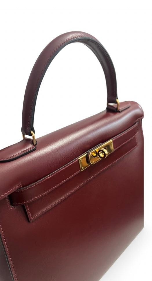 Hermes Vintage Kelly 28 Vintage Bordeaux Box Leather 24kt Gold-Plated Hardware