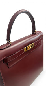 Hermes Vintage Kelly 28 Vintage Bordeaux Box Leather 24kt Gold-Plated Hardware