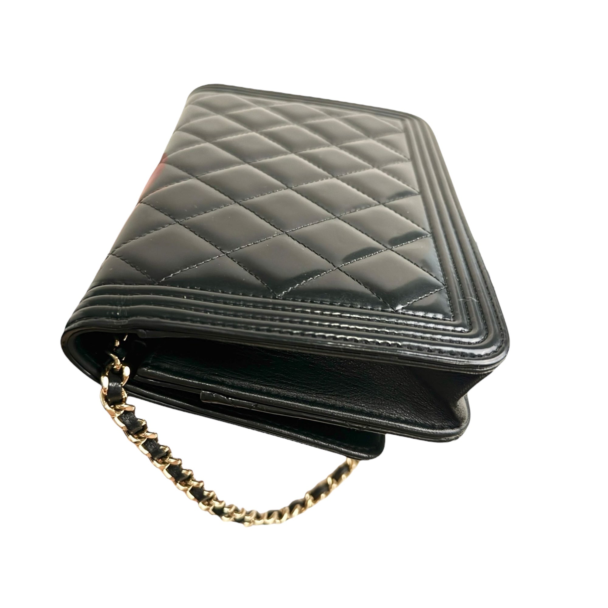 Chanel Classic Leboy Wallet on Chain, Black Diamond Quilted Patent Leather, Gold-tone Hardware