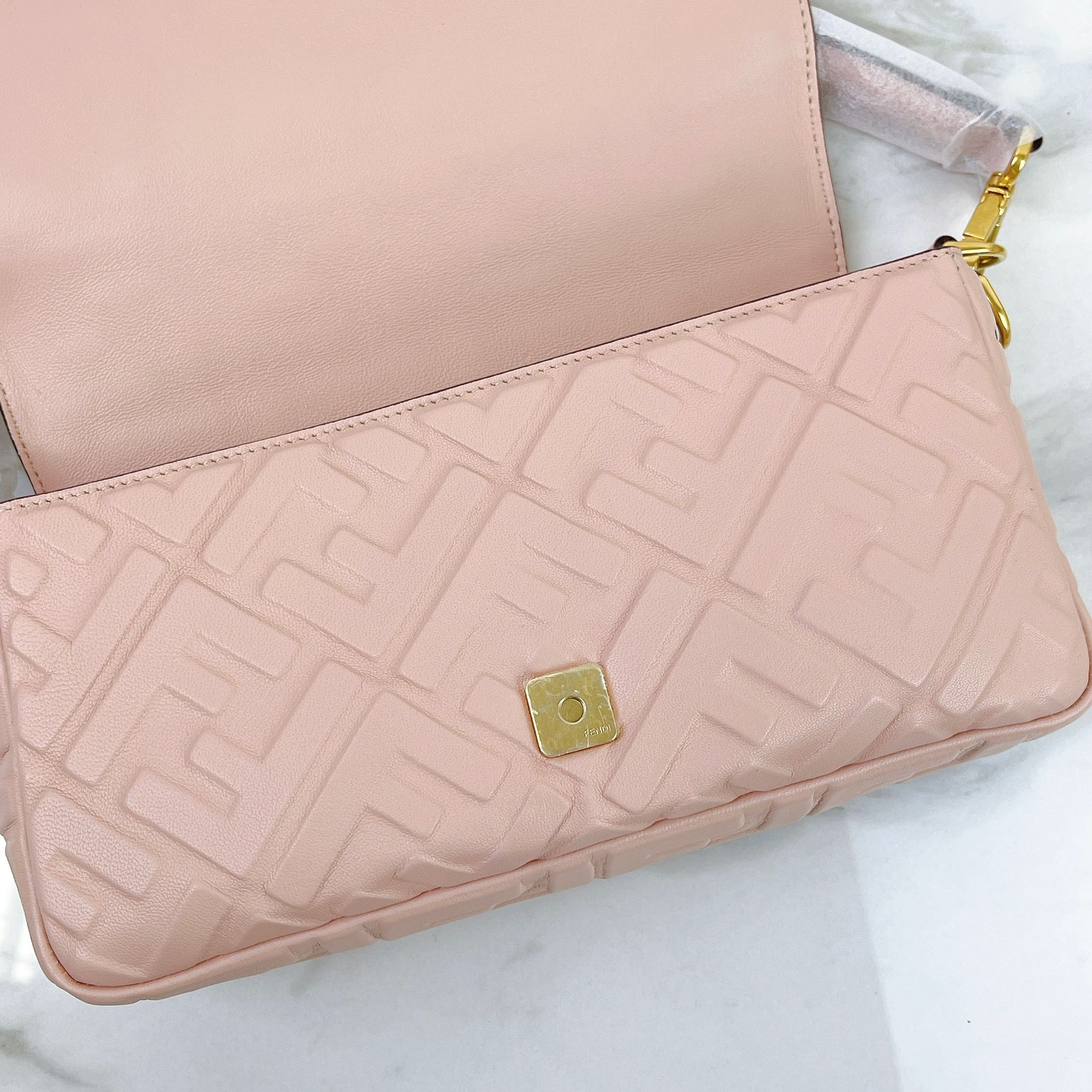 Fendi Medium Nappa FF 1974 Embossed Baguette Rose Pink, Gold-tone Hardware