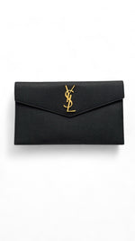 Charger l&#39;image dans la galerie, Saint Laurent Uptown Clutch in Black Grain de Poudre Gold-tone Cassandre Hardware
