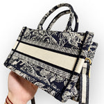 将图片加载到图库查看器，Christian Dior Book Tote Mini, Navy Toile du Jouy Embroidery, Gold-tone Hardware
