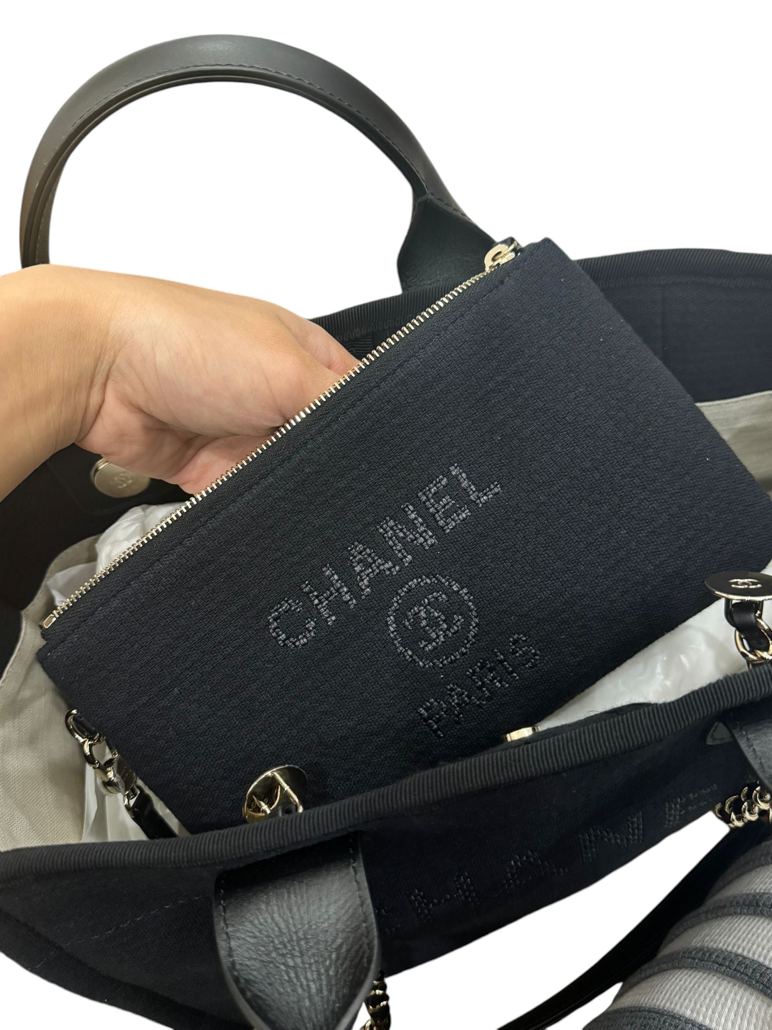 Chanel Deauville Shopping Tote Small, Black Mixed Fibers, Calfskin & Gold-Tone Metal