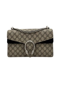 Gucci Dionysus Small, Beige GG Supreme, Black Suede, Crystal and Silver-tone Tiger Head Closure and Hardware