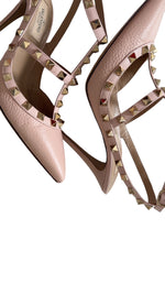 将图片加载到图库查看器，Valentino Garavani Rockstud Pink Grainy Leather Anke T- Strap Pumps 100mm
