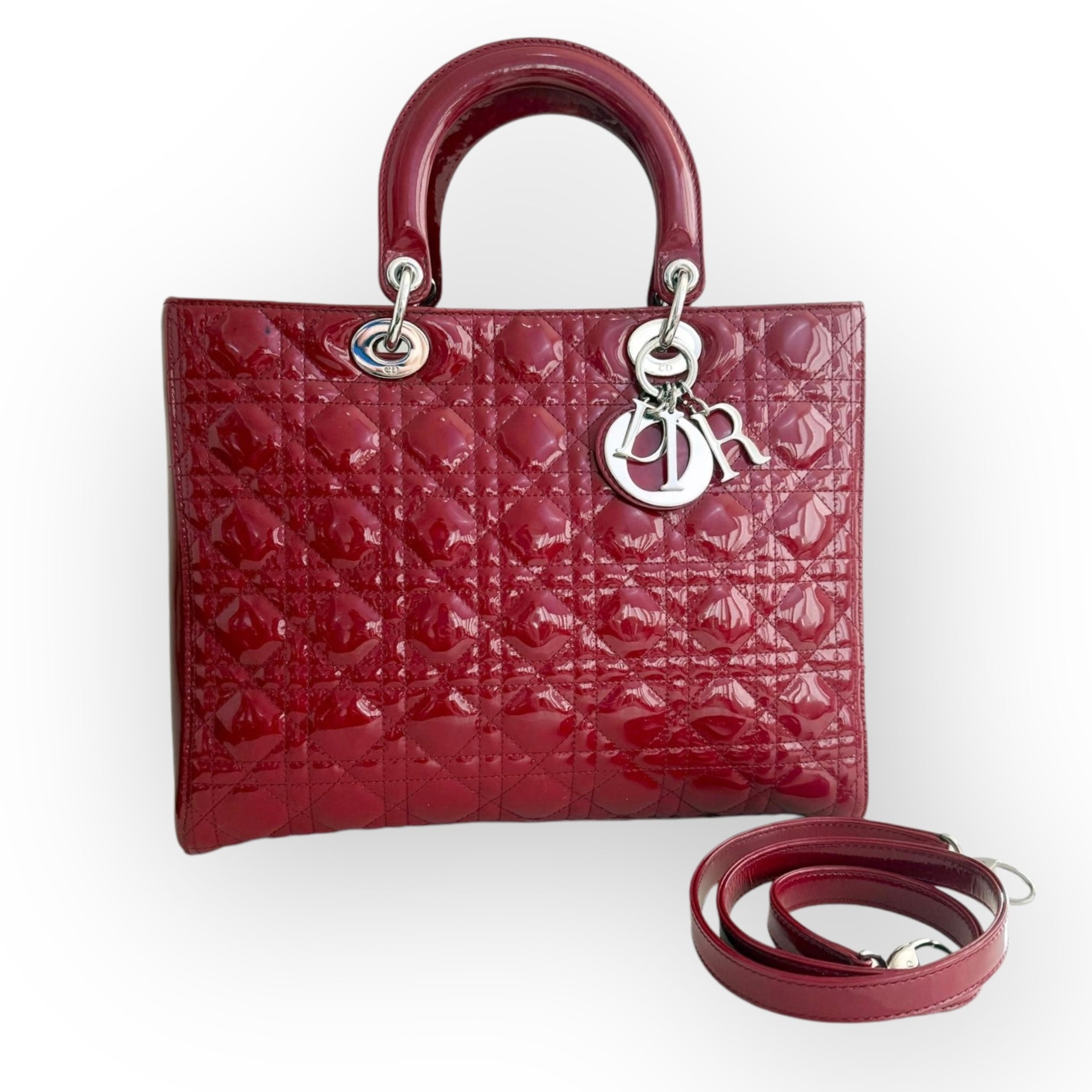 Christian Dior Lady Dior Large, Cherry Red Patent Leather, Silver Hardware