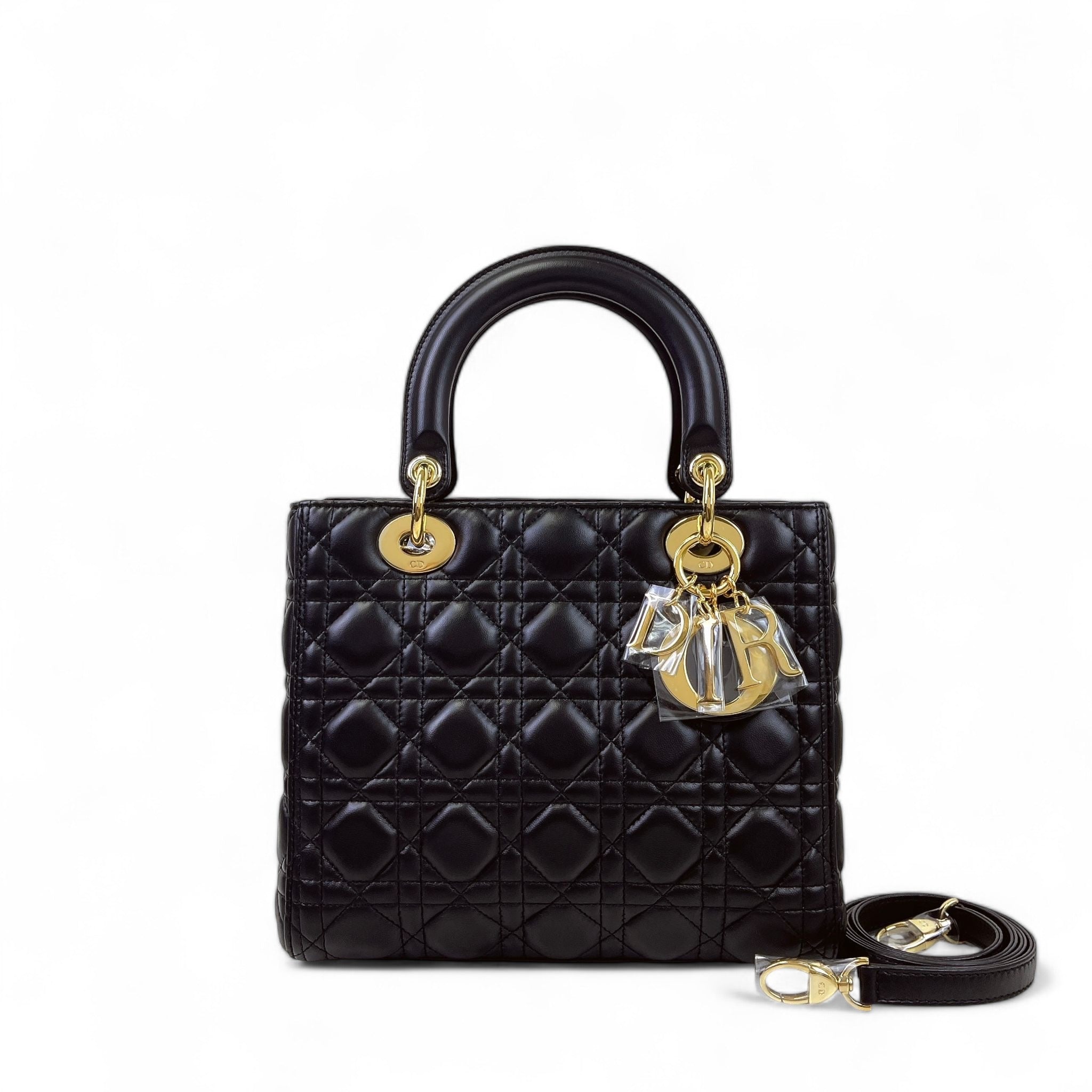 Christian Dior Lady Dior Medium, Black Lambskin Gold-tone Hardware