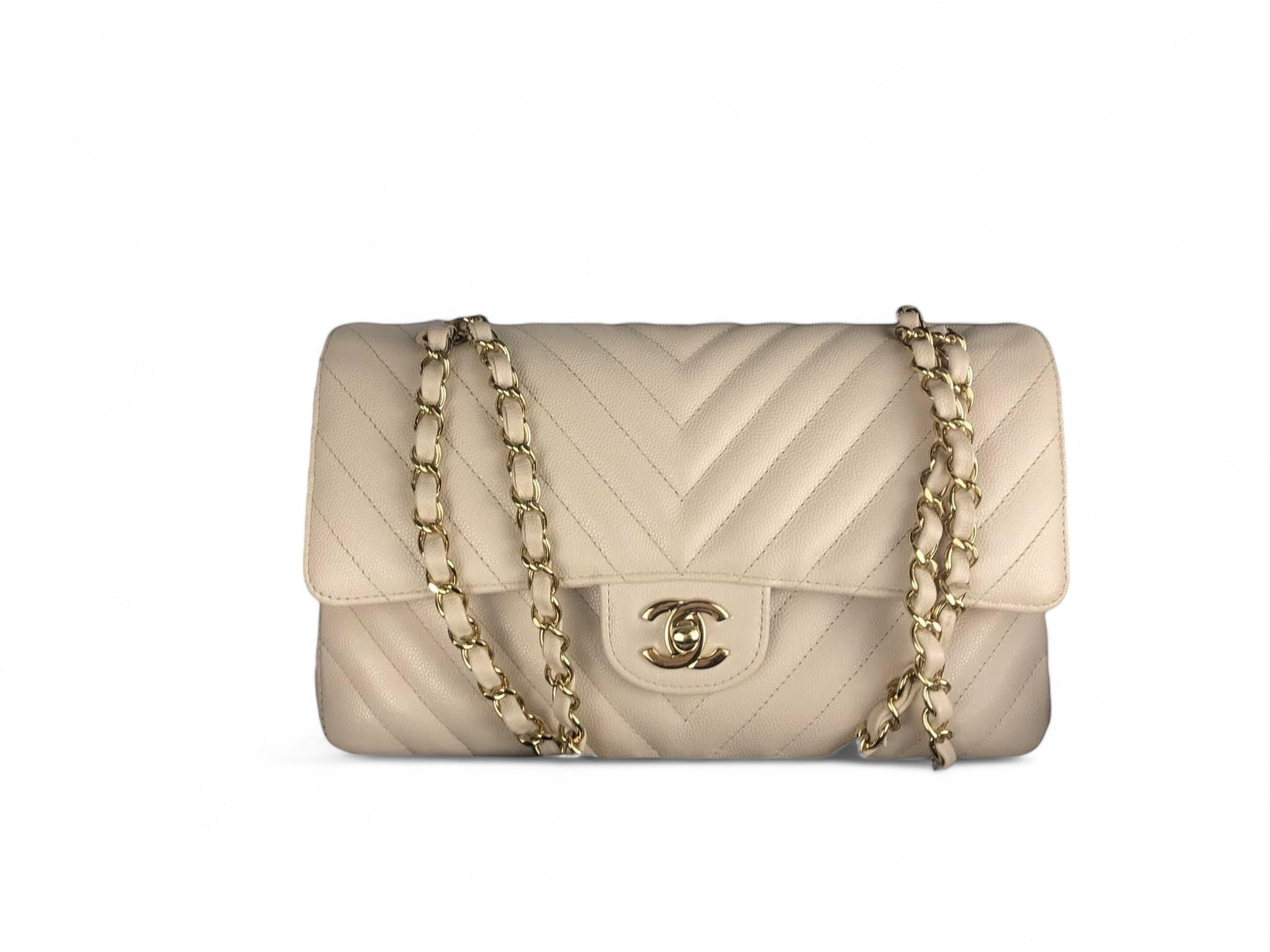 Chanel Timeless Classic Medium M/L Double Flap Ivory Chevron Caviar Gold Hardware