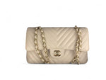 将图片加载到图库查看器，Chanel Timeless Classic Medium M/L Double Flap Ivory Chevron Caviar Gold Hardware
