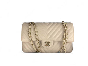 Chanel Timeless Classic Medium M/L Double Flap Ivory Chevron Caviar Gold Hardware