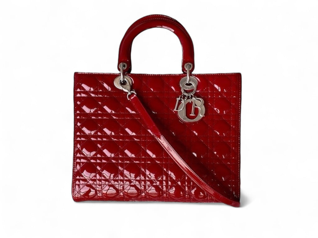 Christian Dior Lady Dior Large, Cherry Red Patent Leather, Silver Hardware