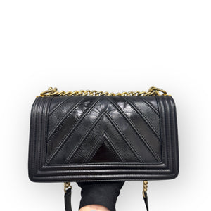 Chanel Leboy Old Medium Mixed Leather Navy Chevron Quilted Gold-tone Hardware