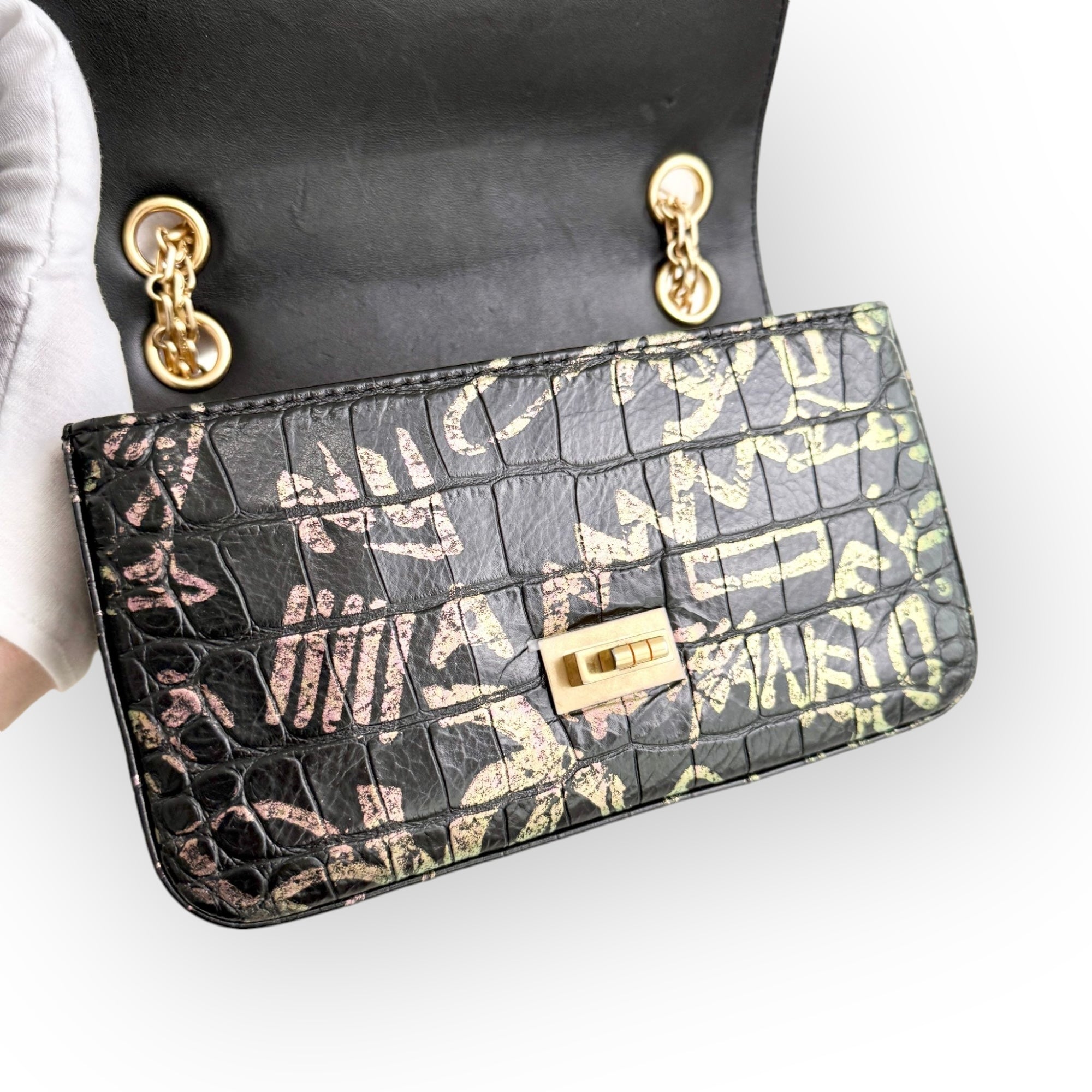 Chanel Classic 2.55 Reissue Mini Rectangle Single Flap, Metiers D’art Croc-Embossed Graffiti Calfskin, Gold-tone Hardware