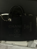 Charger l&#39;image dans la galerie, Chanel Deauville Shopping Tote Small, Black Mixed Fibers, Calfskin &amp; Gold-Tone Metal
