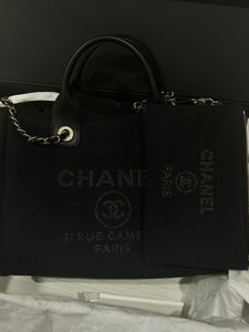 Chanel Deauville Shopping Tote Small, Black Mixed Fibers, Calfskin & Gold-Tone Metal