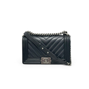 Chanel Leboy Old Medium Black Caviar / Grained Calfskin Leather, Chevron, Ruthenium Hardware