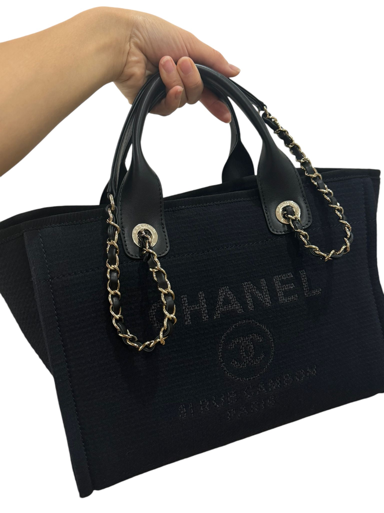 Chanel Deauville Shopping Tote Small, Black Mixed Fibers, Calfskin & Gold-Tone Metal