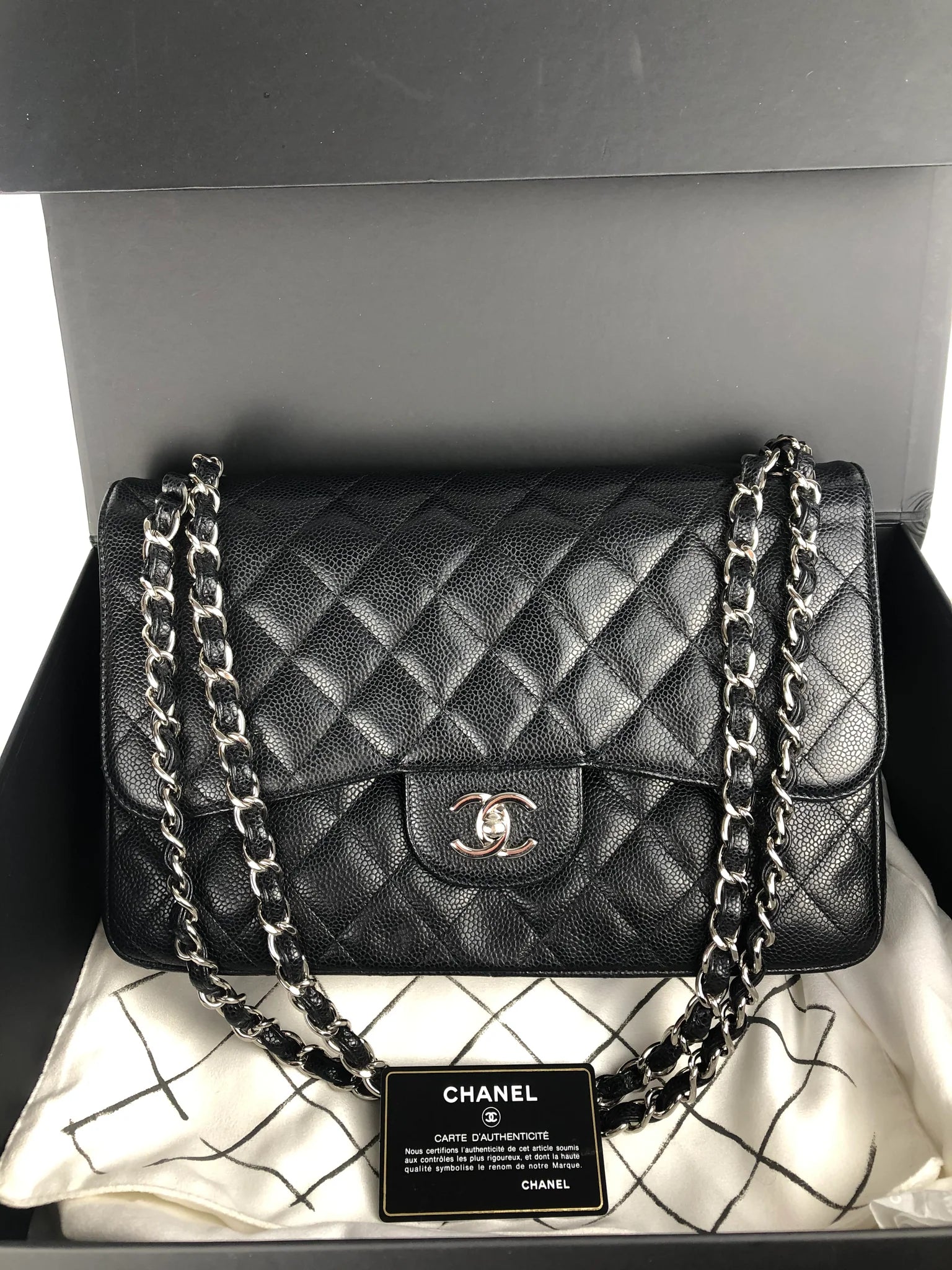 Chanel Timeless Classic Jumbo Black Caviar Silver-tone Hardware