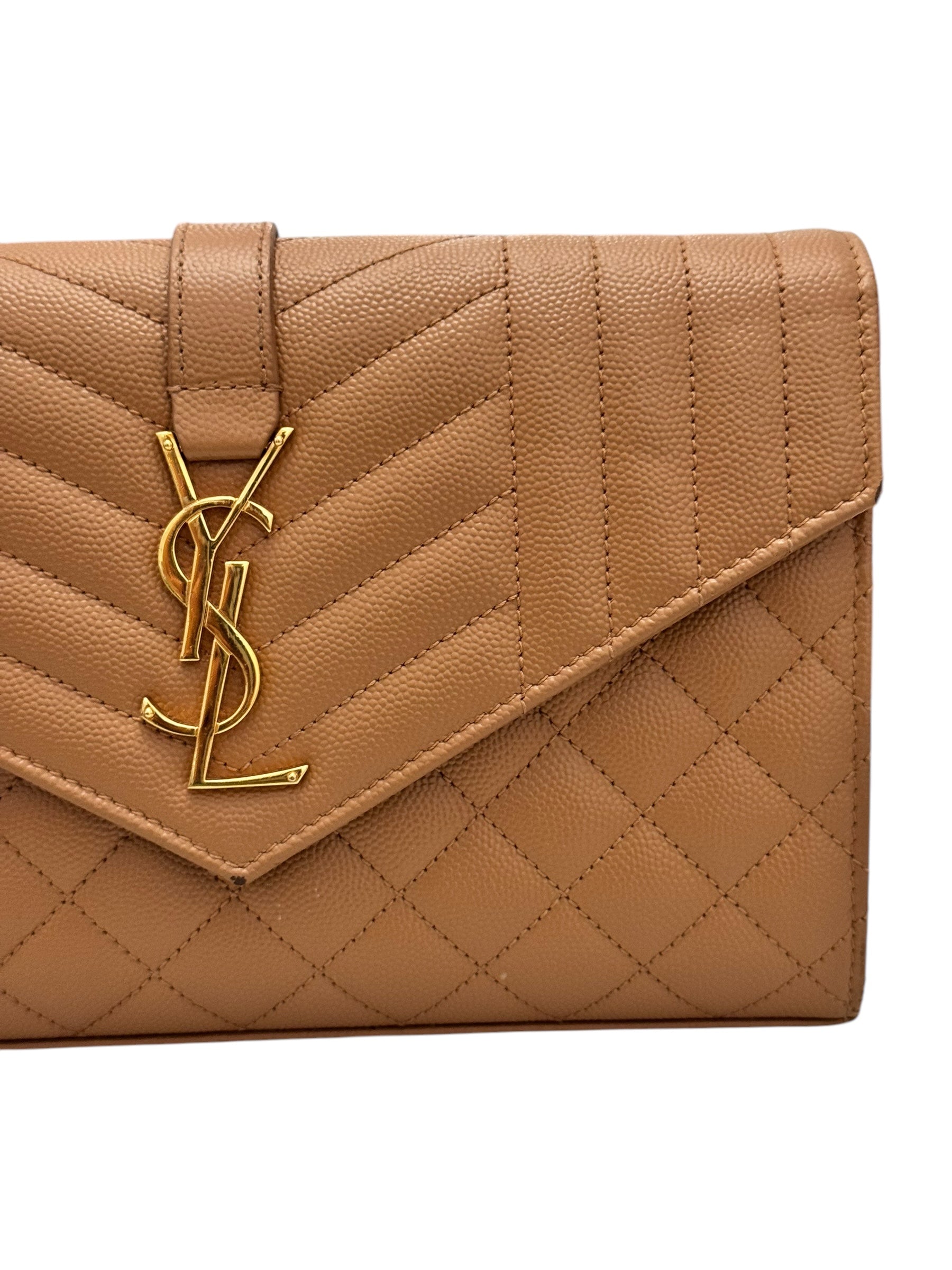 Saint Laurent Envelope Wallet on Chain WOC Triquilt Matelasse Dark Cork/Beige Gold-tone Hardware