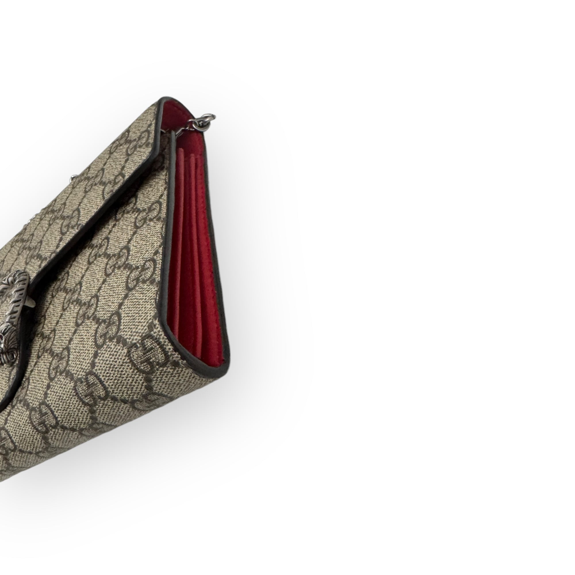 Gucci Dionysus Ebony/Beige GG Supreme Wallet on Chain, Silver-toned Hardware, Red Interior