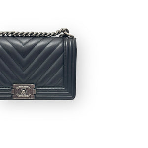 Chanel Leboy Old Medium Black Caviar / Grained Calfskin Leather, Chevron, Ruthenium Hardware