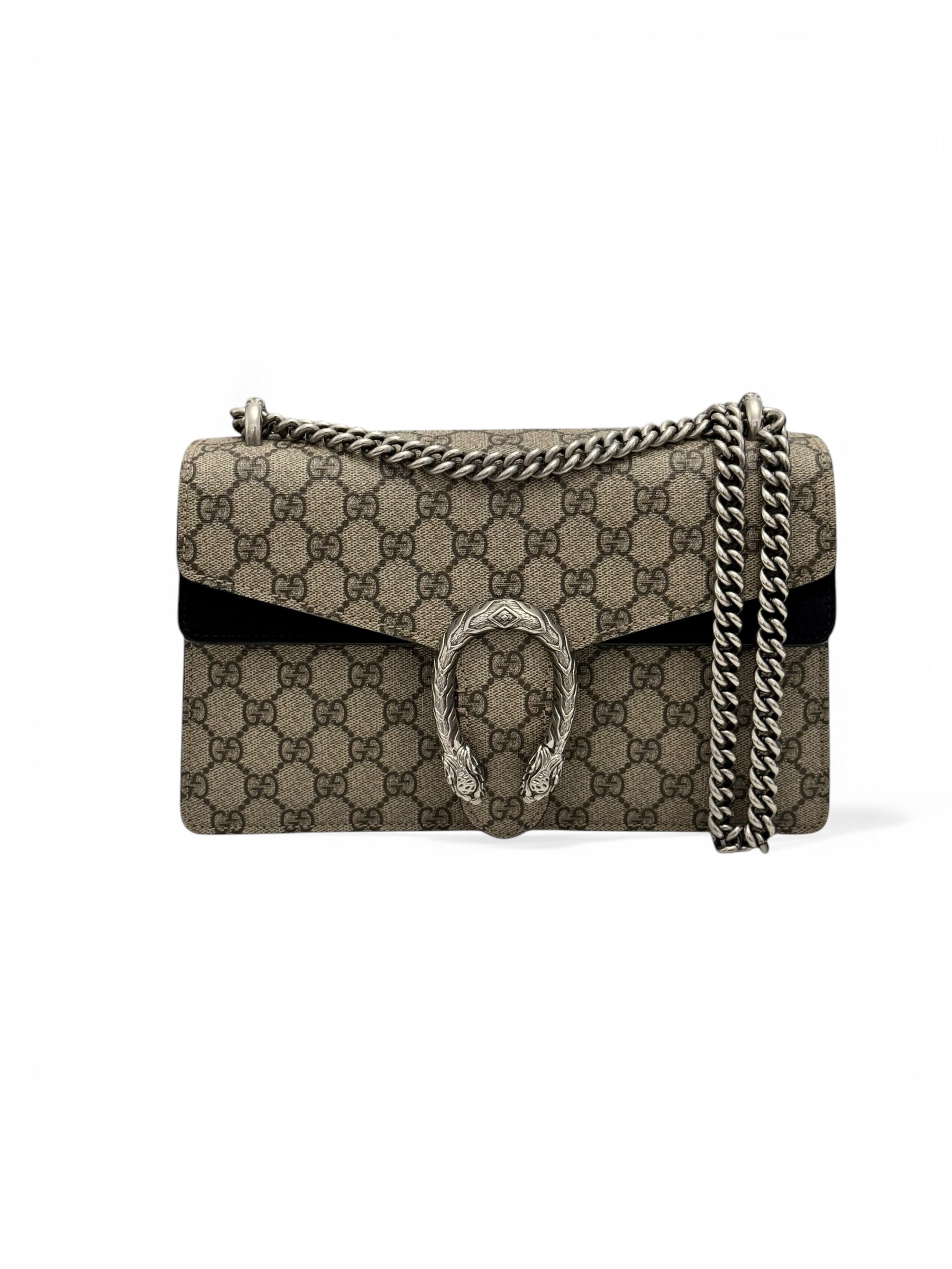 Gucci Dionysus Small, Beige GG Supreme, Black Suede, Crystal and Silver-tone Tiger Head Closure and Hardware