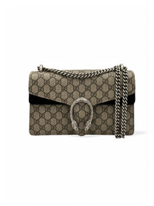 Gucci Dionysus Small, Beige GG Supreme, Black Suede, Crystal and Silver-tone Tiger Head Closure and Hardware