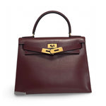 Charger l&#39;image dans la galerie, Hermes Vintage Kelly 28 Vintage Bordeaux Box Leather 24kt Gold-Plated Hardware
