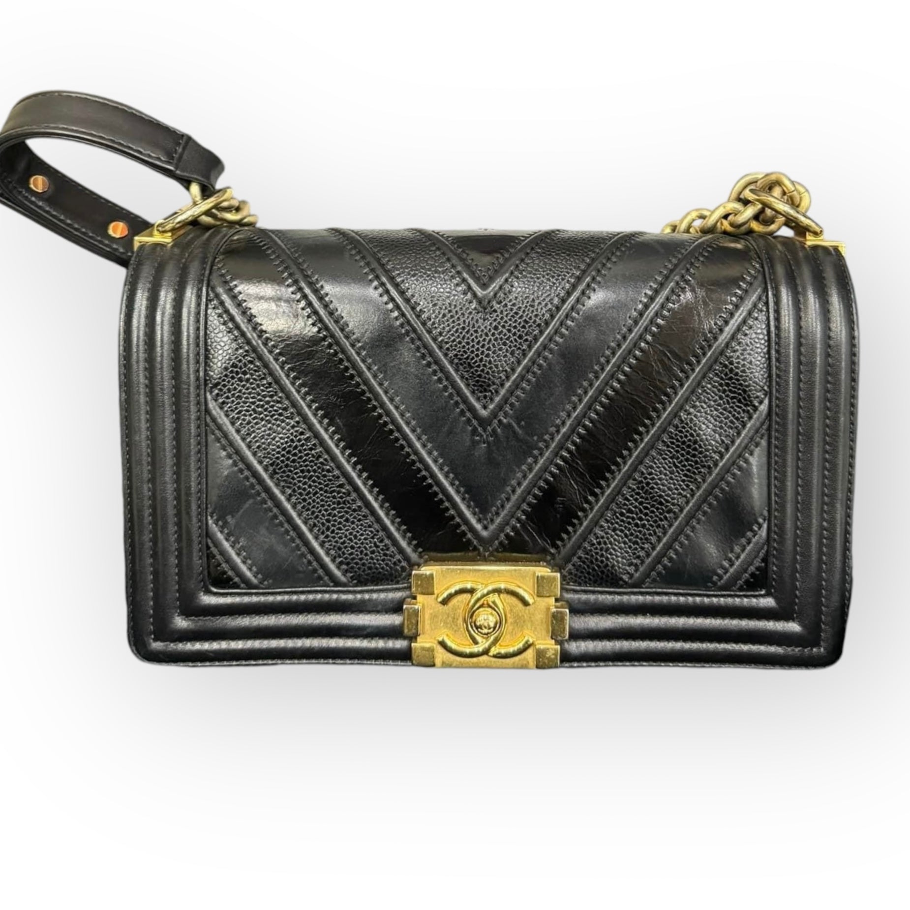 Chanel Leboy Old Medium Mixed Leather Navy Chevron Quilted Gold-tone Hardware