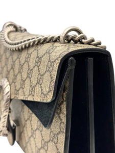 Gucci Dionysus Small, Beige GG Supreme, Black Suede, Crystal and Silver-tone Tiger Head Closure and Hardware